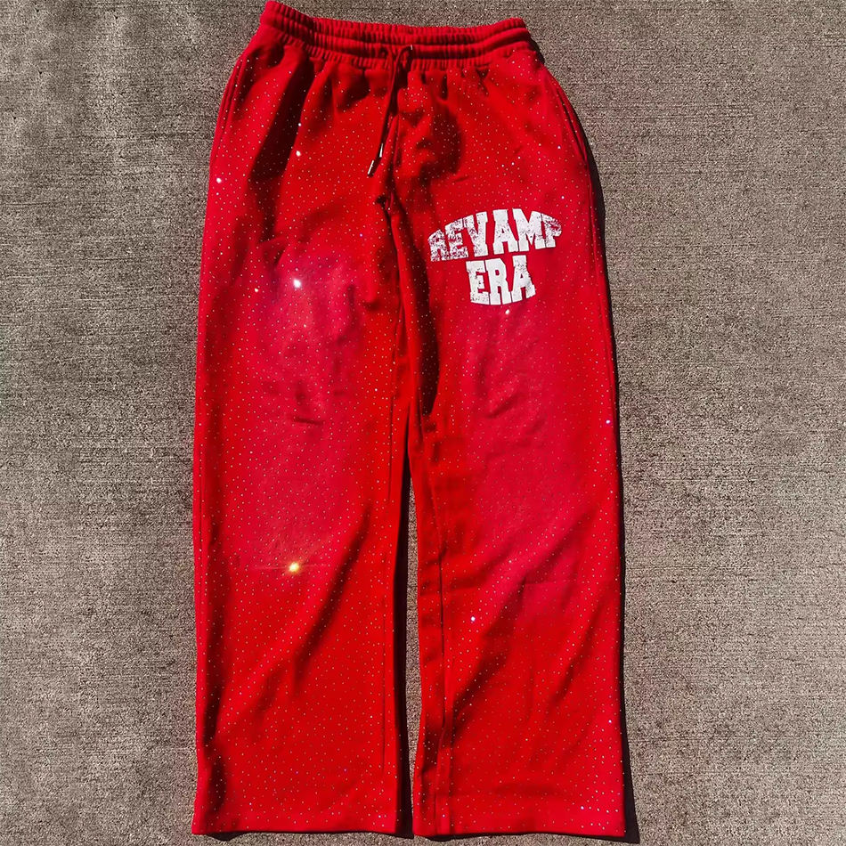 Custom Rhinestone Sweatpants Vintage Sun Faded Acid Wash Sweatpants Puff Printing