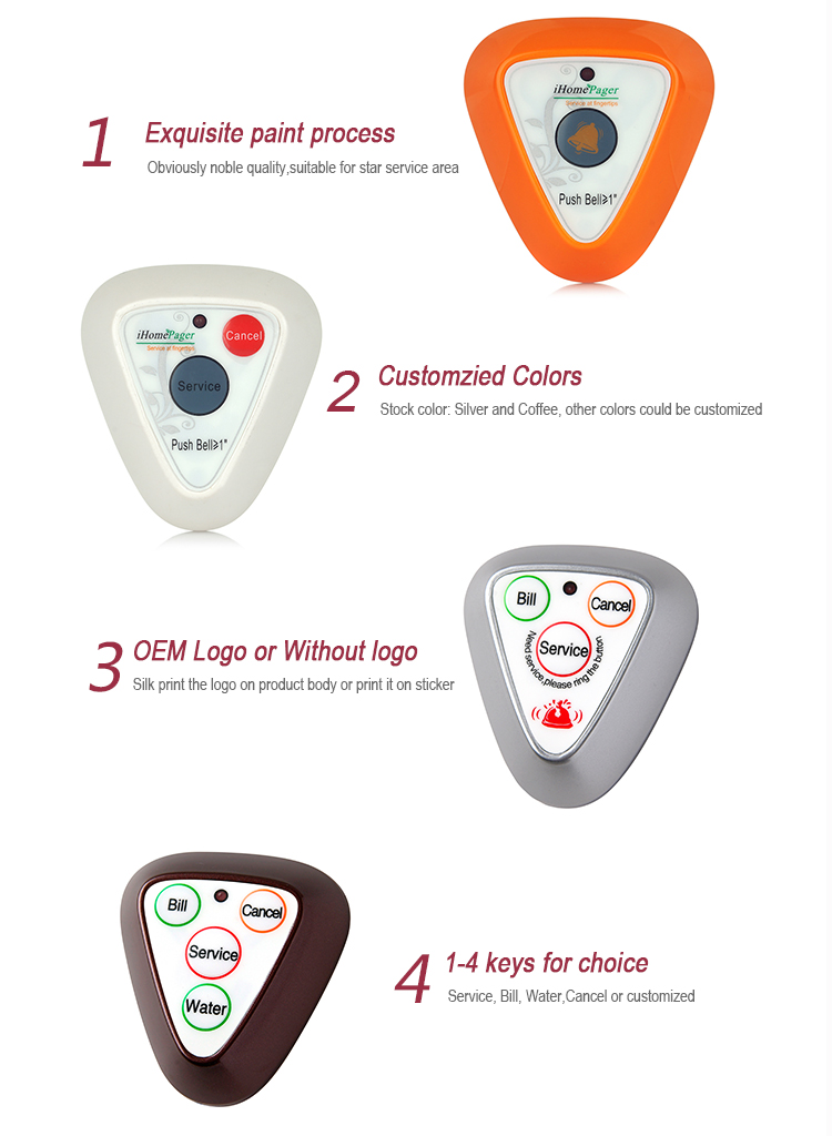 cinema wireless service call button on auditorim and wrist watch pager for waiter or waitress