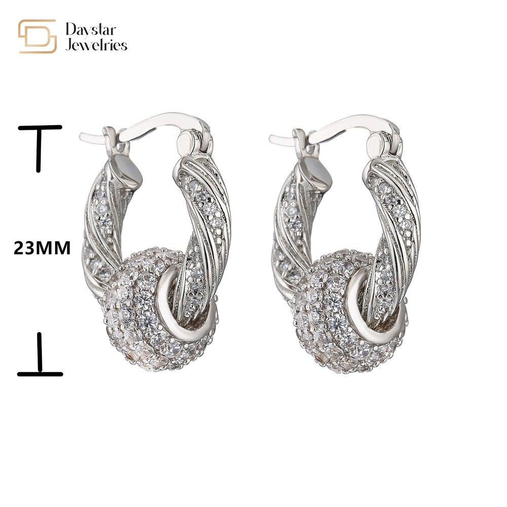 Gold Plated Rhinestone Hoop Earrings , Twist Diamond Ball Charm Pendant Earrings