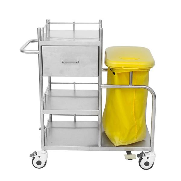 High Capacity Hospital Stainless Steel Trolley With Dirt Bag And Brake Casters