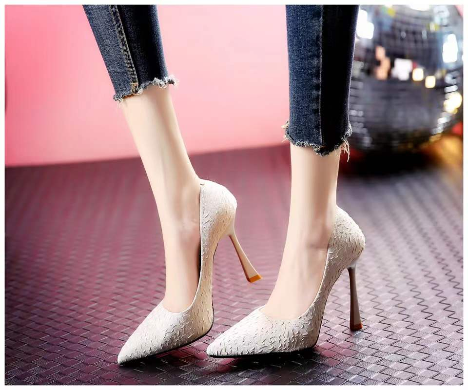 Microfiber Pointed Head Ladies Summer Pumps 8cm Thin Heel Rubber Casual