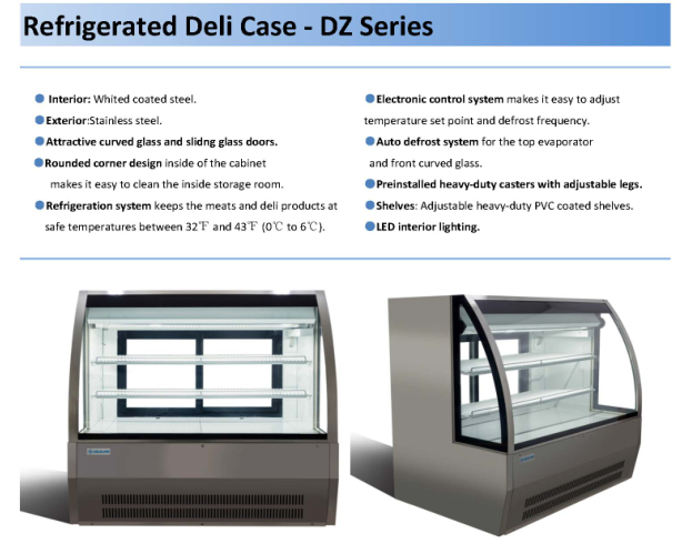 SS201 SS304 Curved Glass Refrigerated Deli Case Display Case 500L