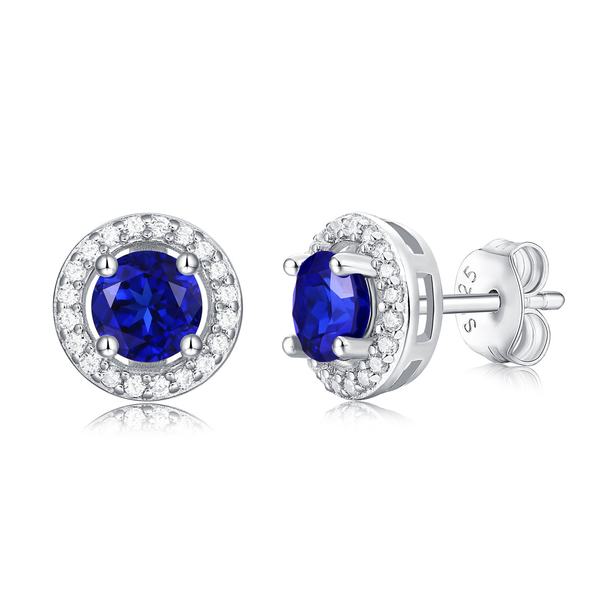 Blue 925 Sterling Silver Zircon Round Gemstone Stud Earrings For Gift Giving