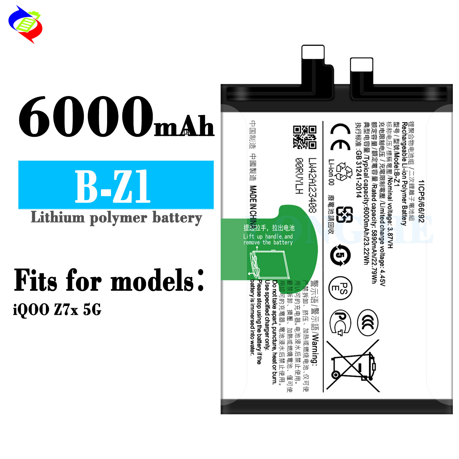 6000 mAh Capacity RECHARGABLE b-Z1 Li-ion Battery for VIVO iQ00 Z7x 5G Mobile Phone