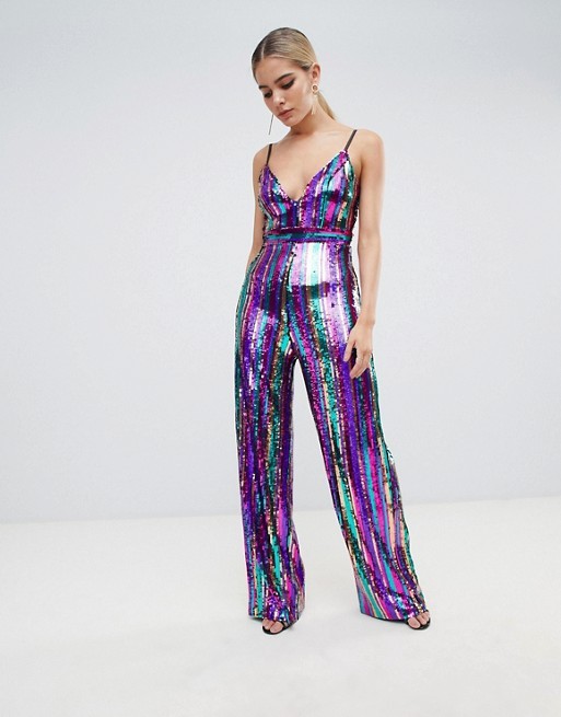 2019 new style sequin plunge front wide leg jumpsuit in rainbow stripe for girls