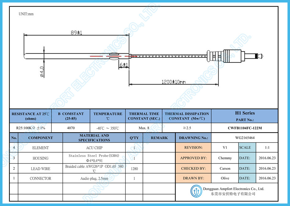 100K 4070 2.5mm Mono Plug Ambient Temperature Probe Meat Temperature Sensor 380C