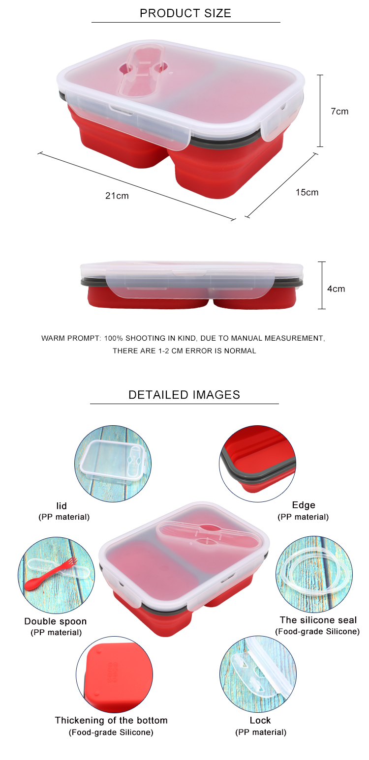 Collapsible Silicone Bento Food Container Microwavable With 2 Compartments