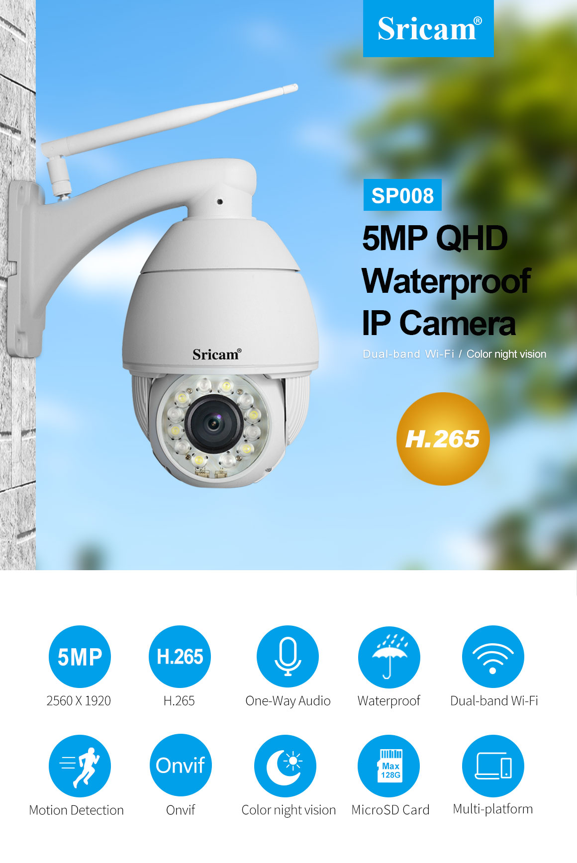 SP008 IP Camera Waterproof Outdoor 5x Optical Zoom HD 5MP 5 G Wifi 4 Inches PTZ CCTV Camera