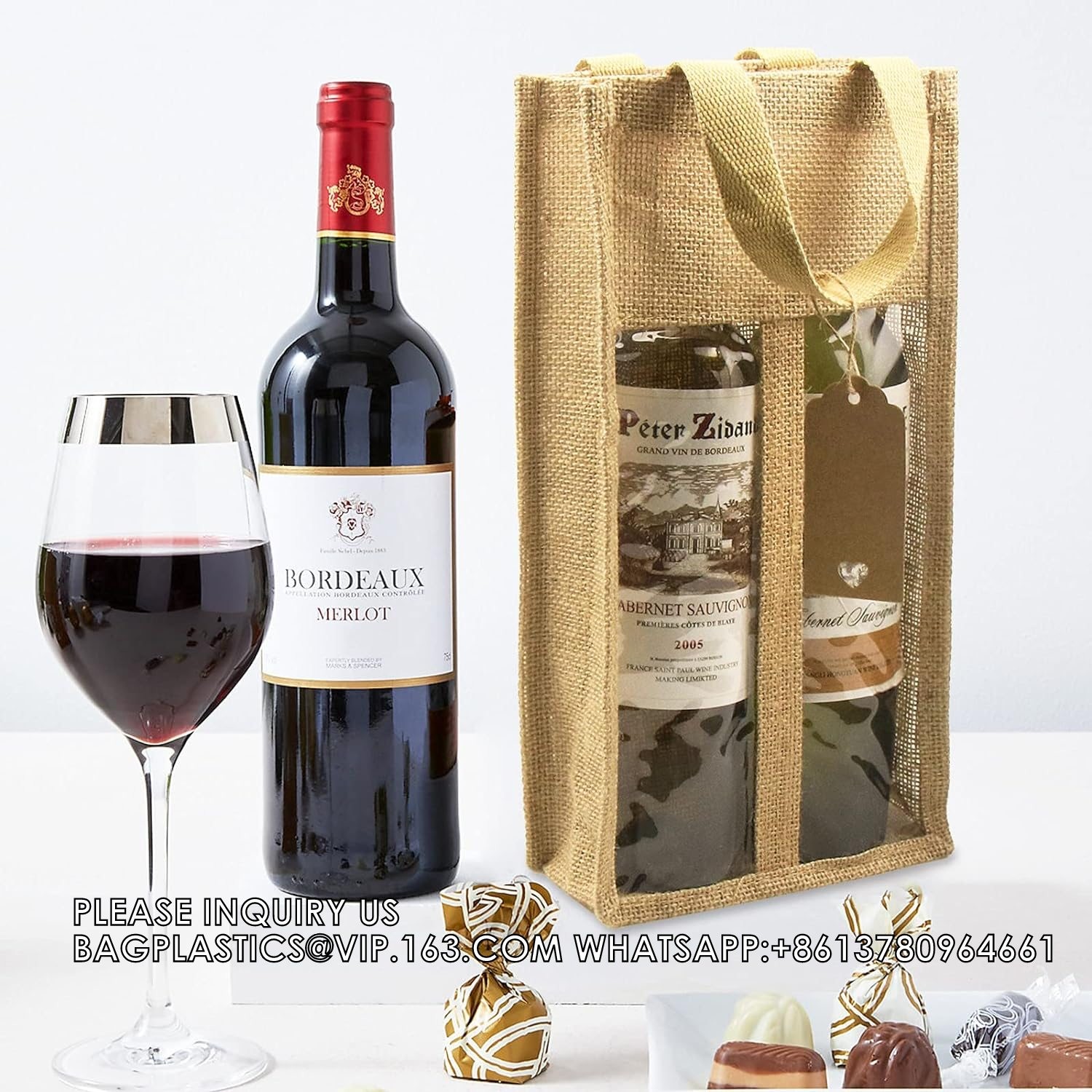 Burlap Wine Bottle Bag Jute Wine Tote Gift Bag With 2 Clear Window And Handle Wedding Birthday Festivals Souvenir