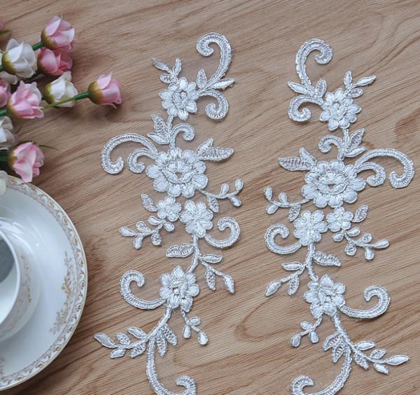 Quality Sliver Wire Cord Lace Applique Ivory Color Embroidery Flower for Wedding Dress for sale