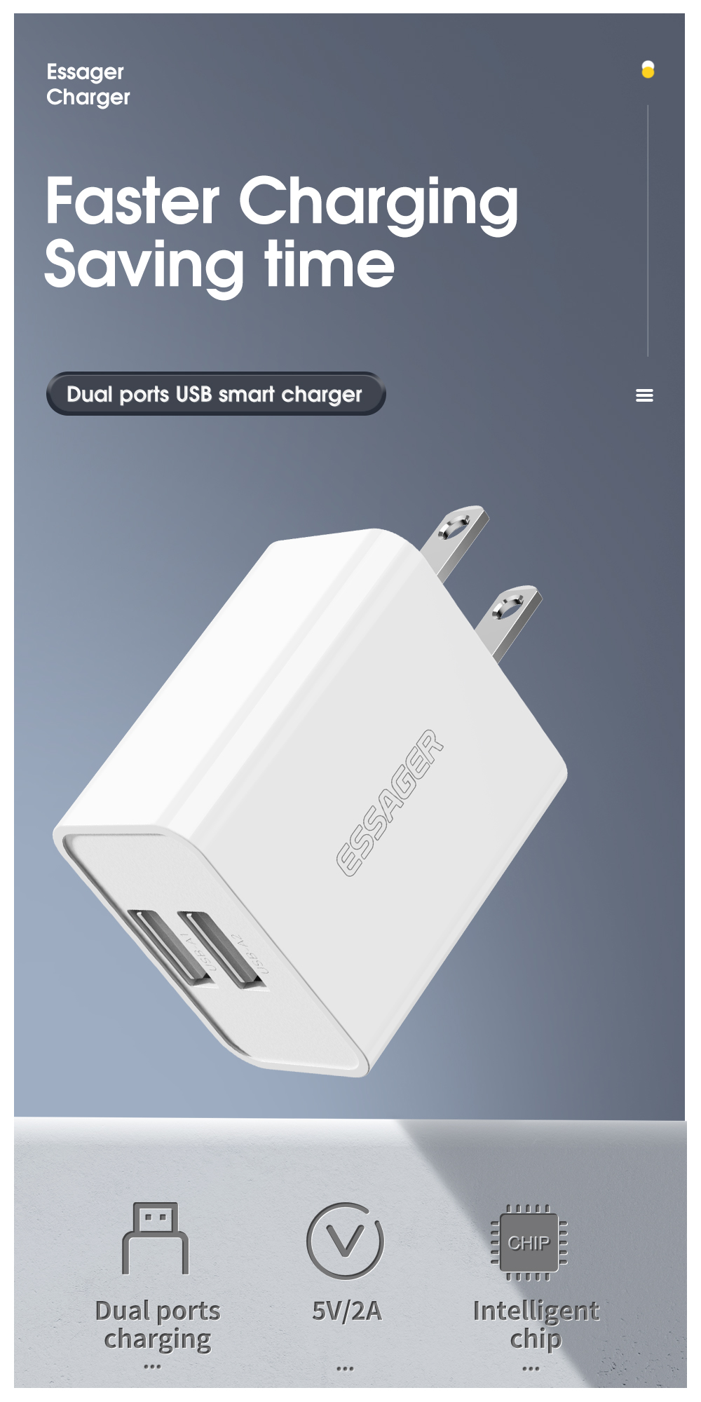 Essager 2022 XiaoYi New Arrival Mini Portable 10w 3A Travel Smart Fast Wall Charger For Cell Phone