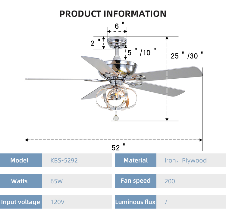 80Ra 65W 52 Inch Remote Control Ceiling Fan Commercial Ceiling Fans For Restaurants