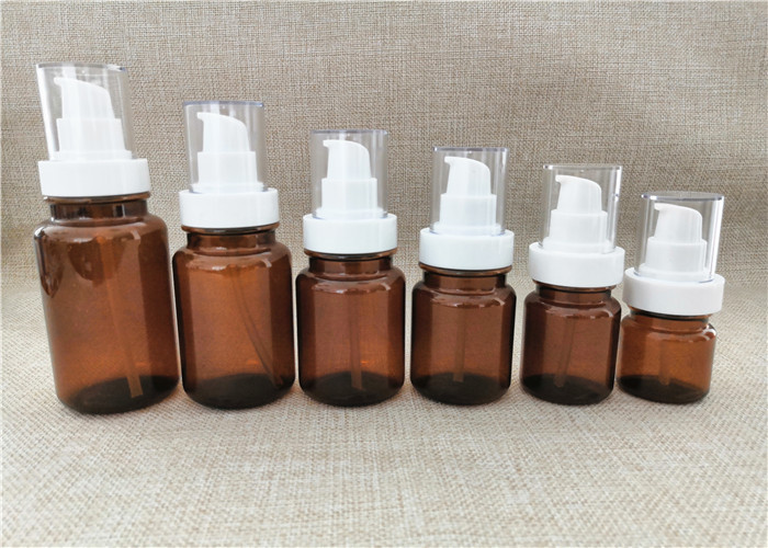 Amber PET bottle with fine mist sprayer in white color full overcap transparent