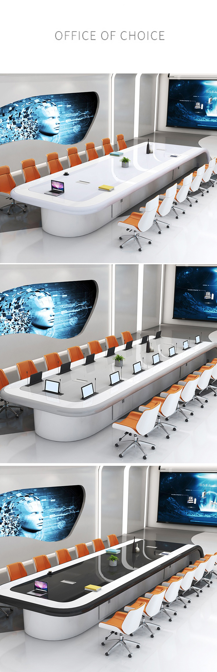 White Paint Baking Veneer Conference Table and Chairs Set with Extendable Function