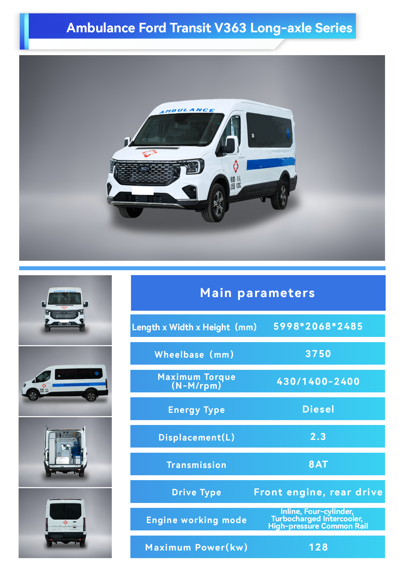 Ford Medical Direct Supply Ambulance Type 2 4x4 Van Rescue Vehicle for Patient Transport Diesel Fuel Rear Track 1704mm