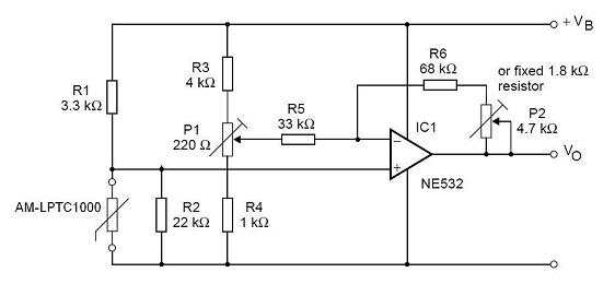 Temperature measuring circuit using linear silicon PTC thermistor sensor 1k ohm part