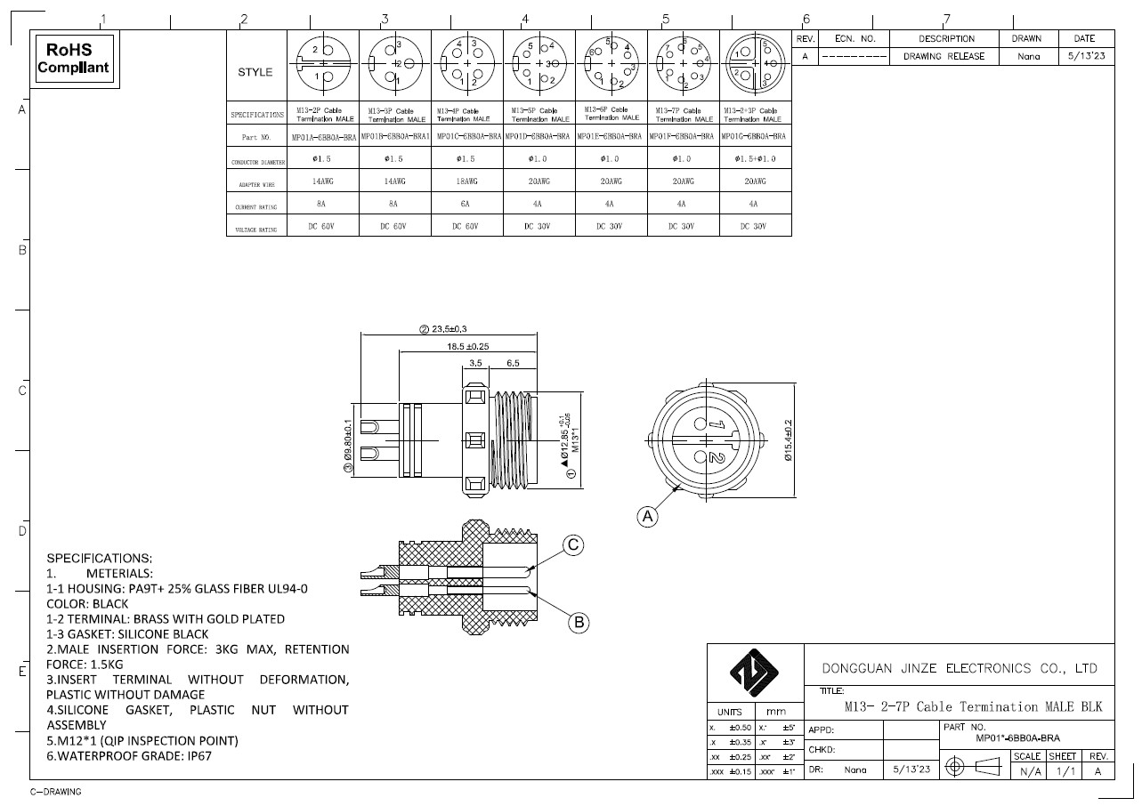 OEM IP67 Waterproof Connectors 5Pin Round Connector