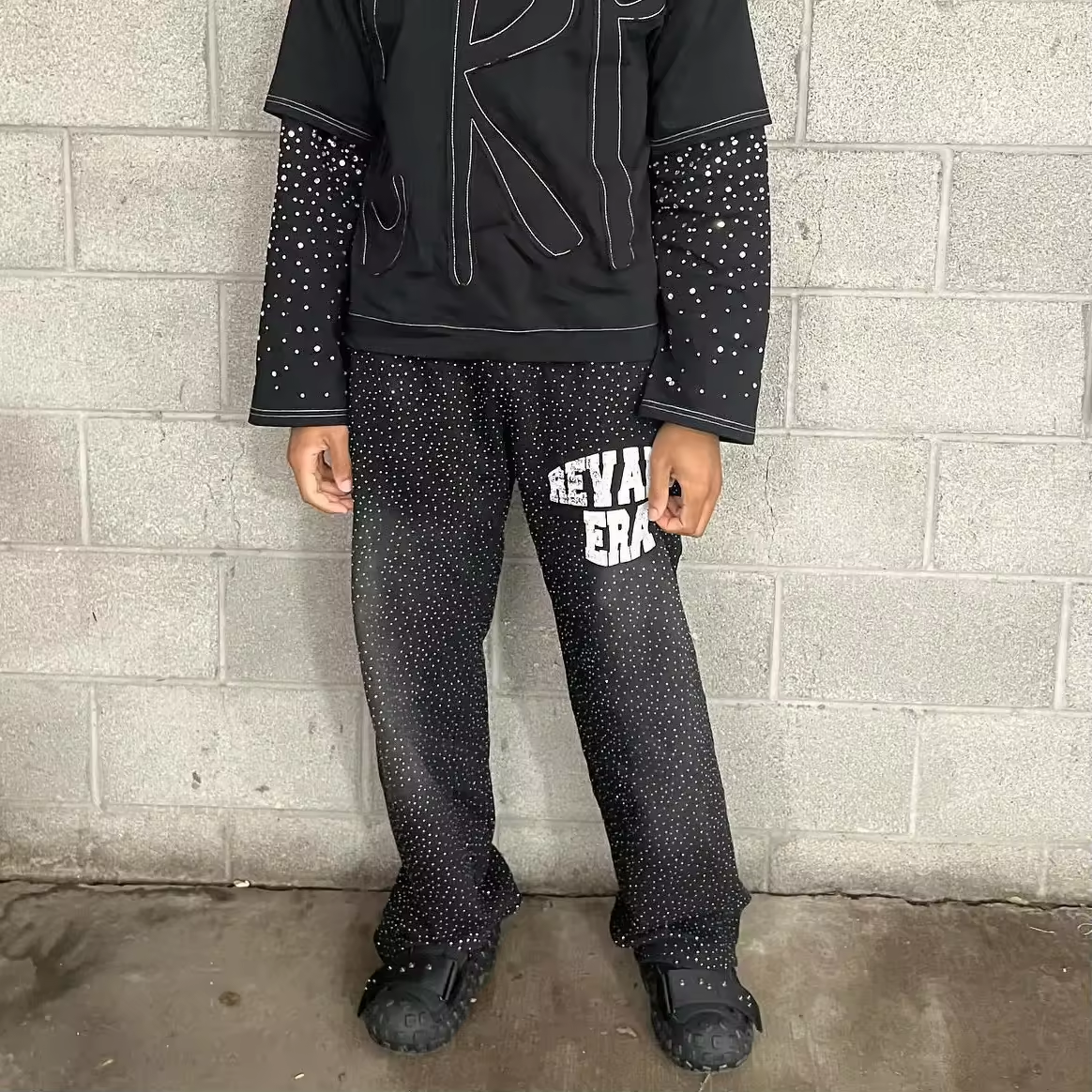 Custom Rhinestone Sweatpants Vintage Sun Faded Acid Wash Sweatpants Puff Printing