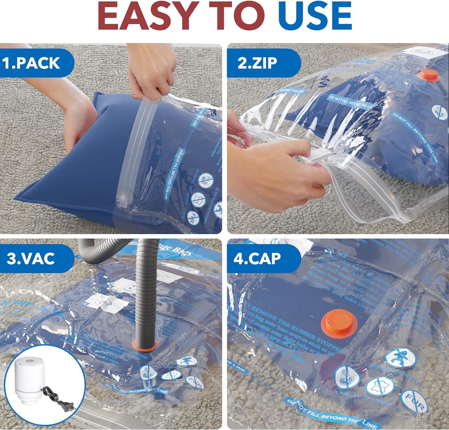 8 PACK VACUUM STORAGE BAGS WITH ELECTRIC AIR PUMP，2 JUMBO,2 LARGE,2 MIDIUM,2 SMALL BAGS