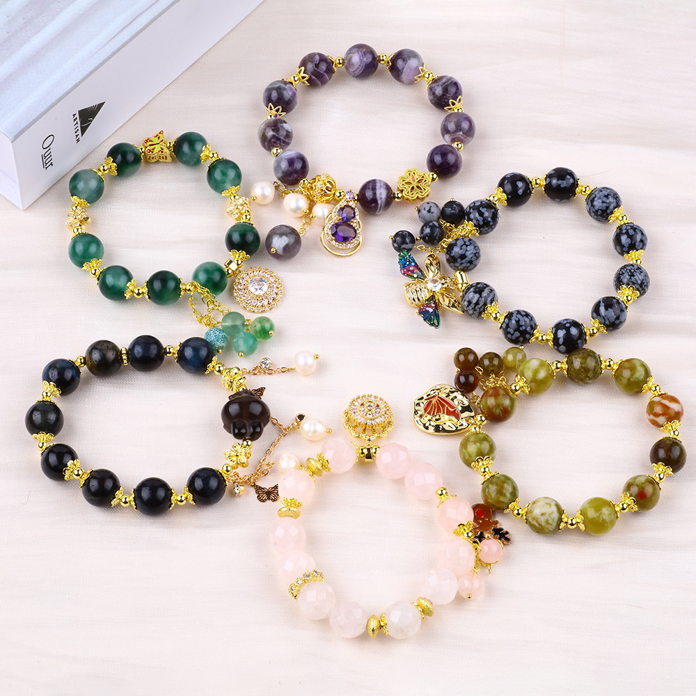 Handmade Gemstone Beaded Bracelet Natural Amethyst Adjustable Peal Charms Bracelet For Party Daily Wearing