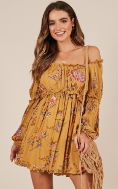 Boho Summer Printed Mustard Floral Mini Women Casual Dresses