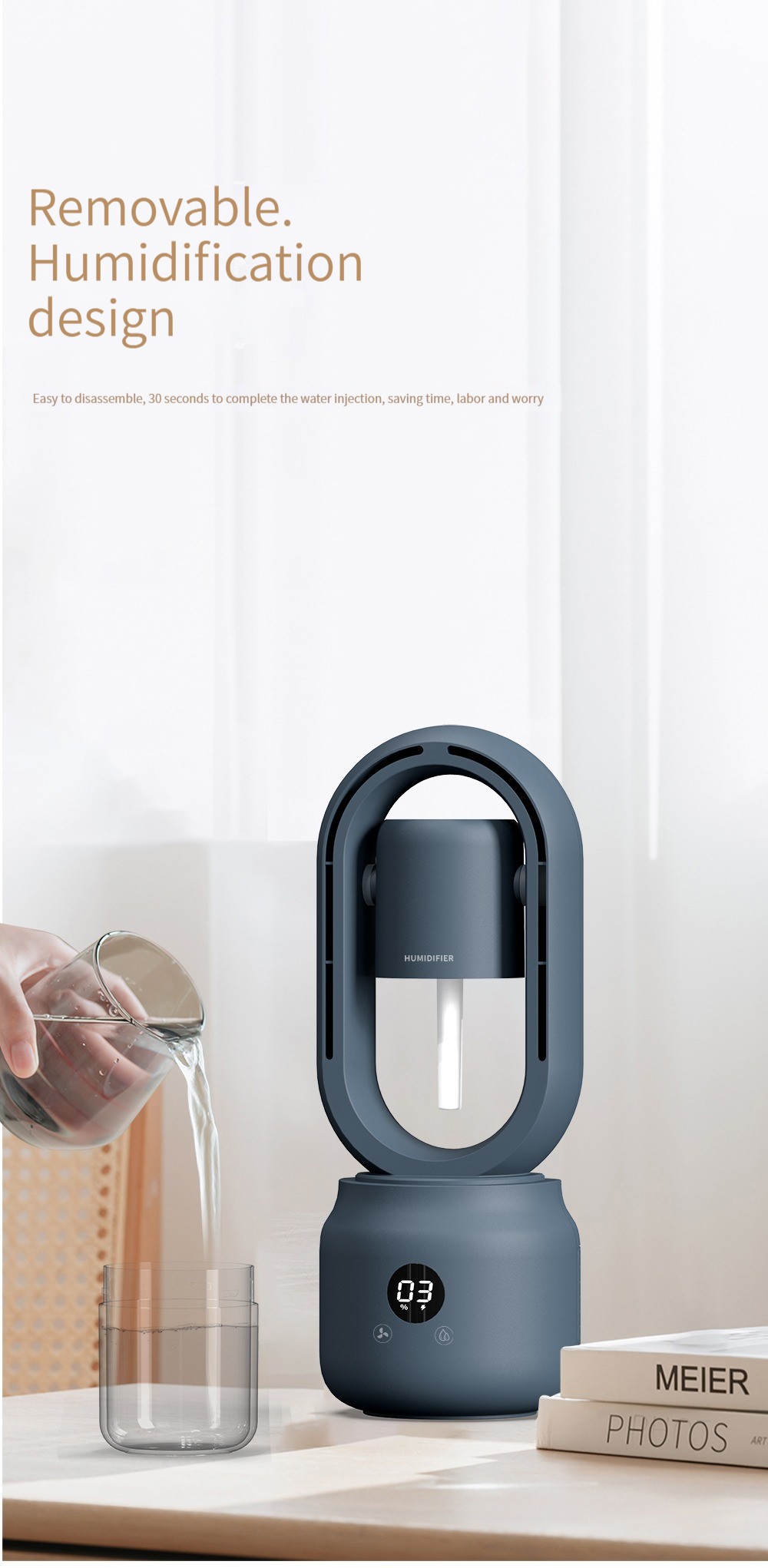300ml 2 In 1 Air Conditioning Humidifier Vaneless Fan 2000mAh Rechargeable Battery