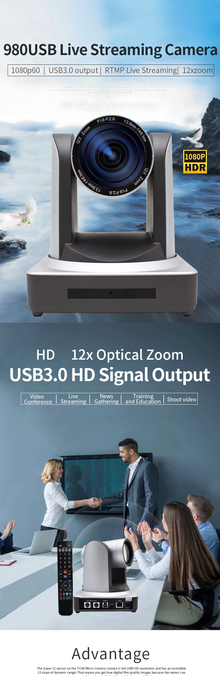 1080P60 Video Conference PTZ IP Camera with 12x Zoom for Surveillance and USB3.0 Output