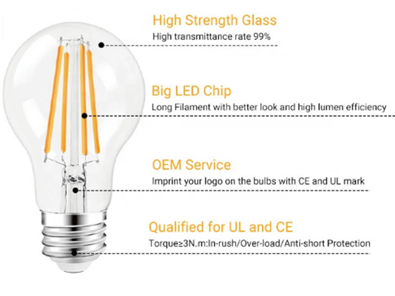 Clear LED Filament Lamp E27 8W LED Edison Bulb 200V 240V A60