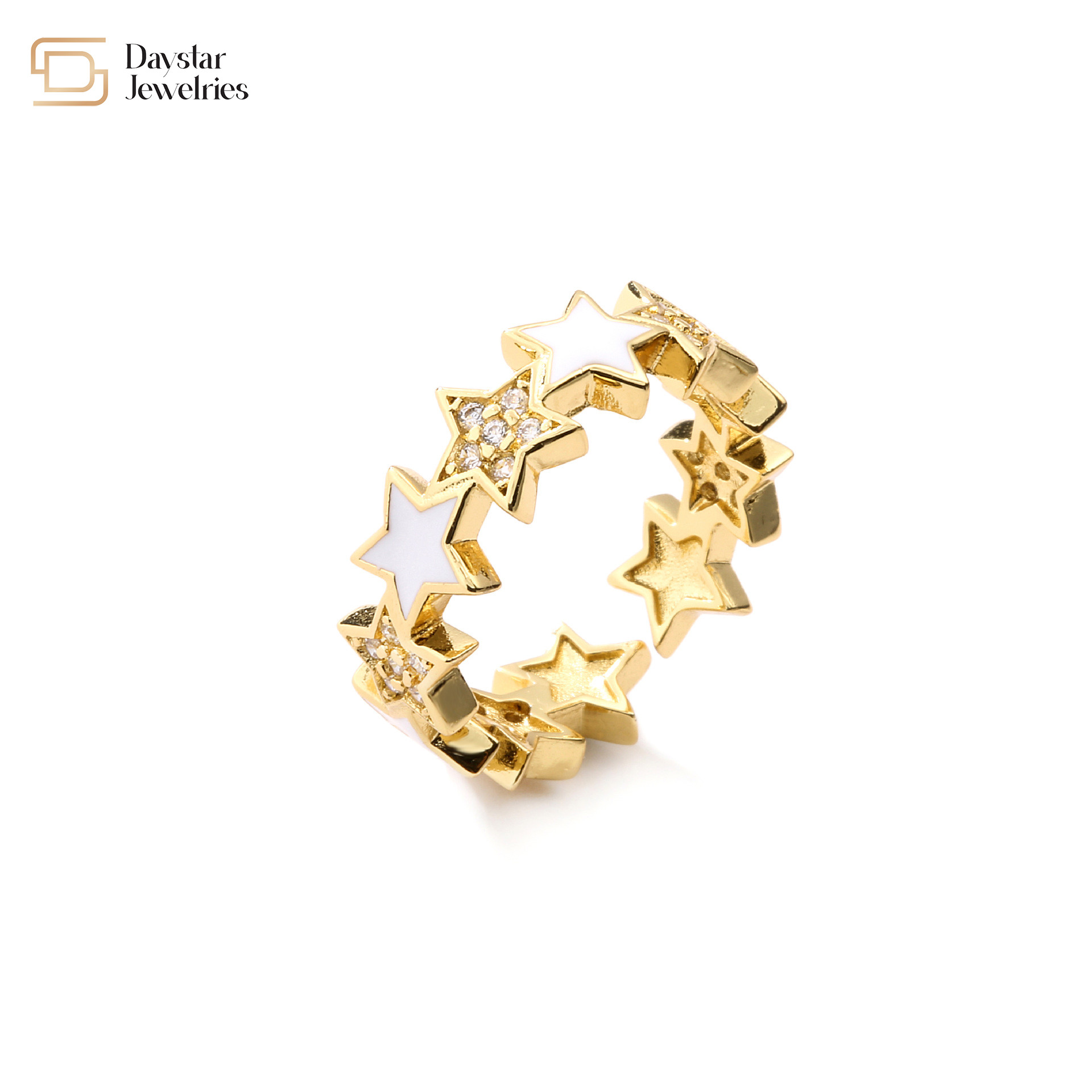 Gold Plated Zircon Diamond Star Rings Colorful Enamel Pentagram Adjustable Open