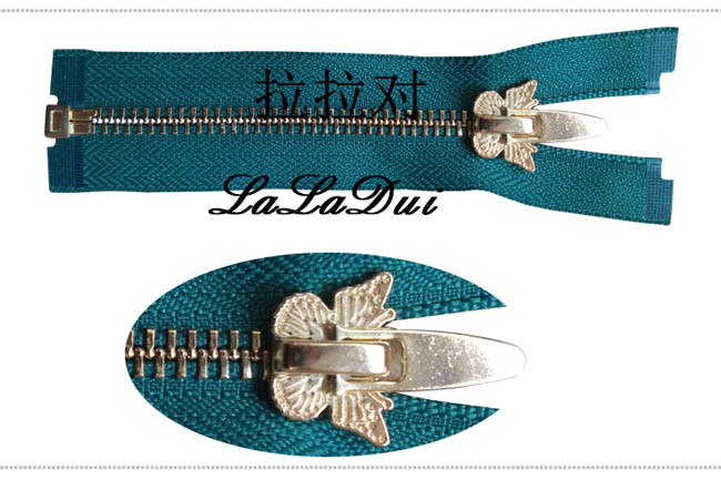 Butterfly Shape Pulls Large Metal Zippers , Golden Metal Large Industrial Zippers