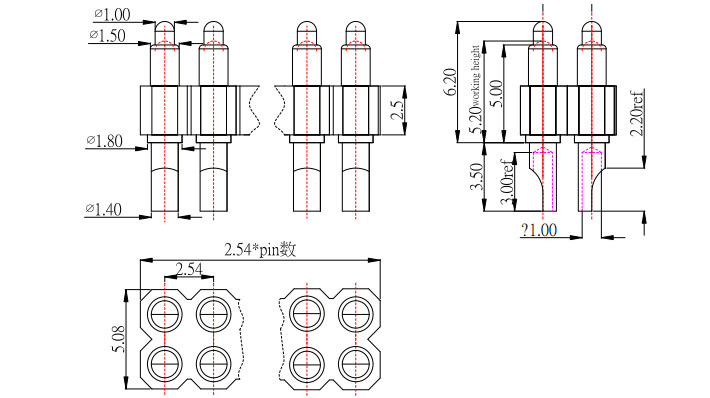 Double Row Spring Loaded Connector 16pin Solder Cup Connector 2.54mm Pitch