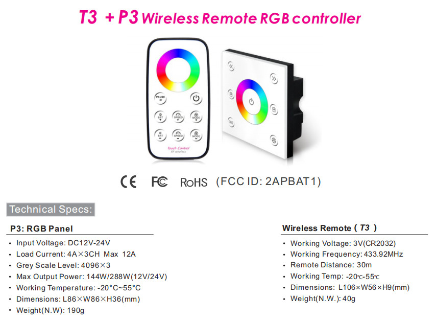 DC12-24V RGB LED Light Controller , Rgb Touch Controller Simple Operation