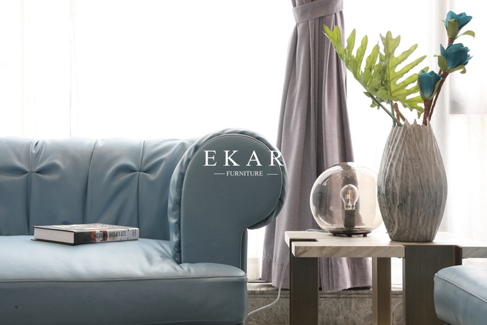 European Blue Fabric Loveseat 3 Seater Couch