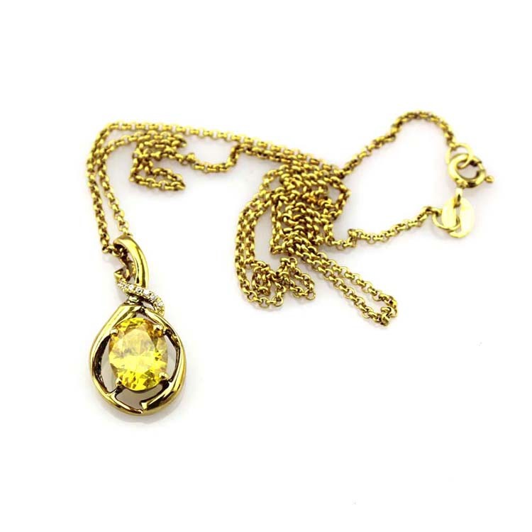 Yellow Gold Plated Silver Oval Yellow Citrine Cubic Zircon Pendant (PSJ0410)