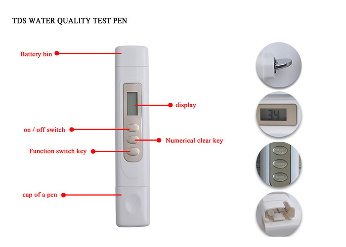 Pen Water TDS Meter Filter Purity , White Dissolved Solids Meter 0 ~ 4999 Ppm