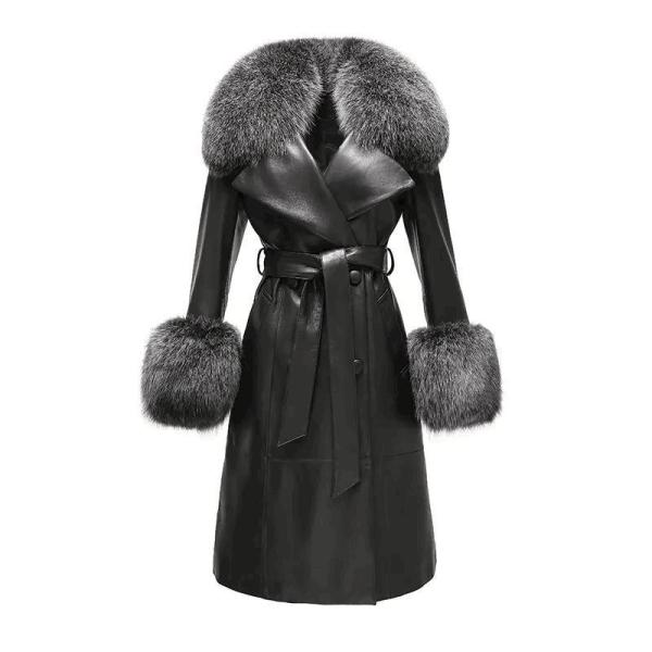 Winter Fox Fur Collar Cuffs Women Long Leather Jacket Black Genuine Sheepskin