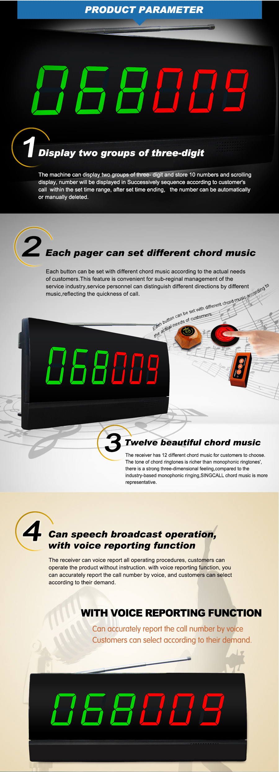 Wireless hotel room customer call center service equipment button buzzer and display paging system