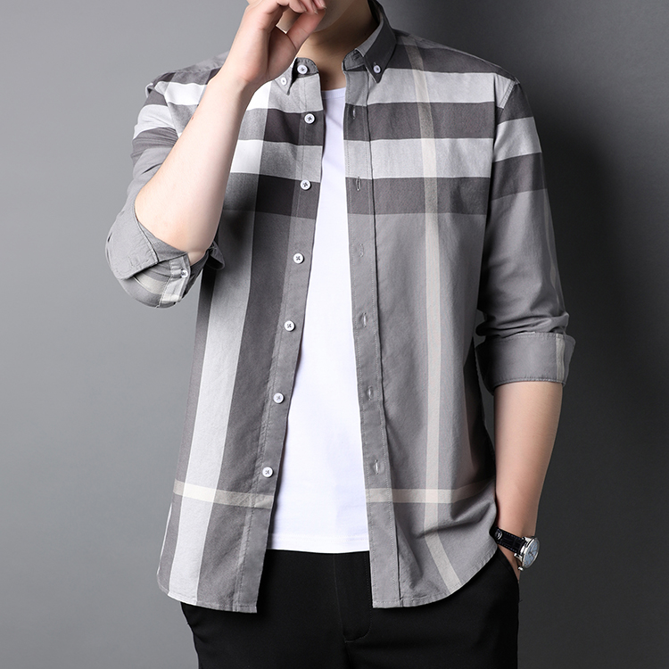 2023 Solid Grey Check Men's Casual Dress Shirt in Spring and Autumn for S-2XL Mens Shirts