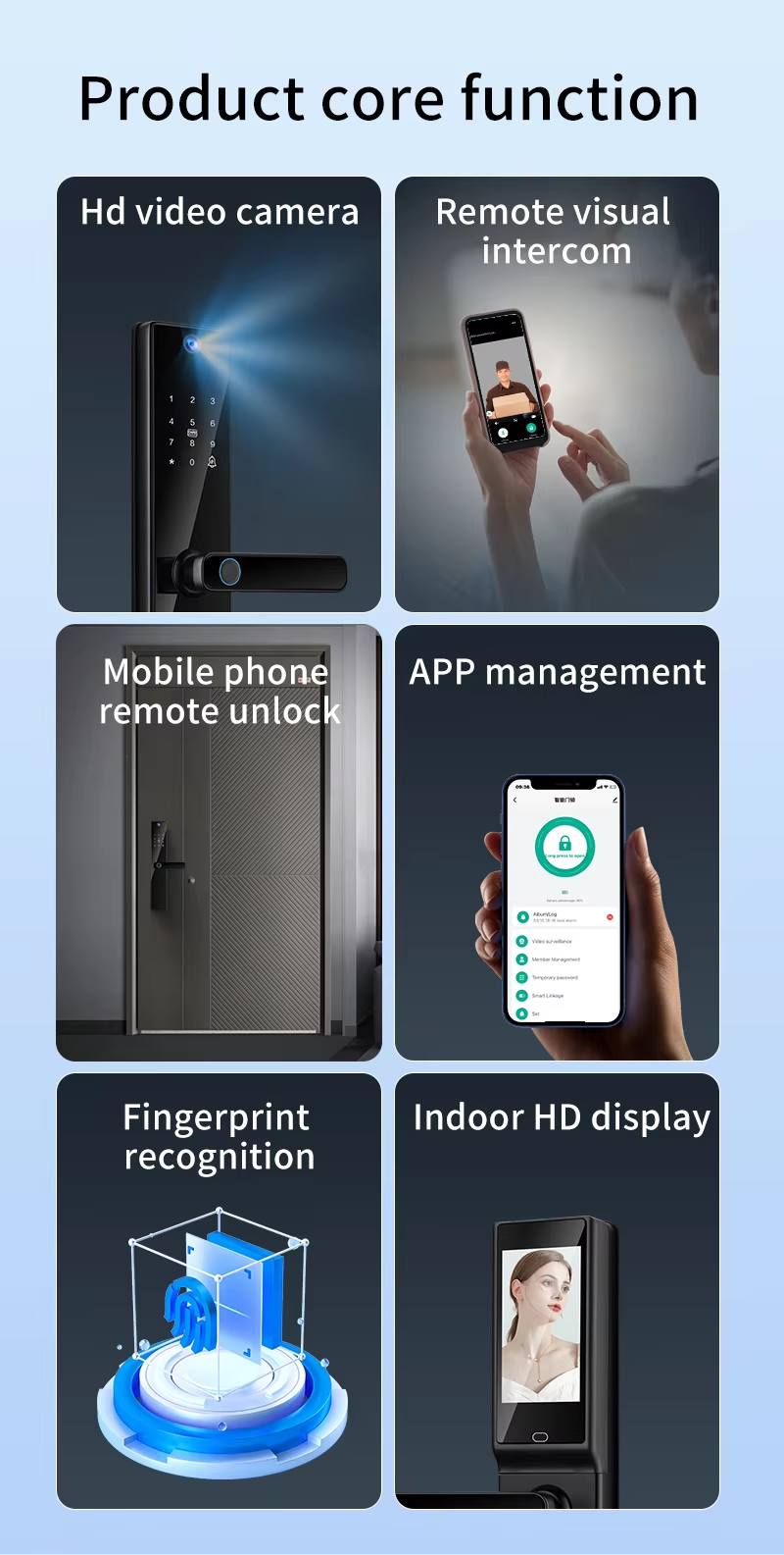 Qleung Video Calling Camera Wifi Fingerprint Code Key Card Tuya Door Lock for Home Hotel