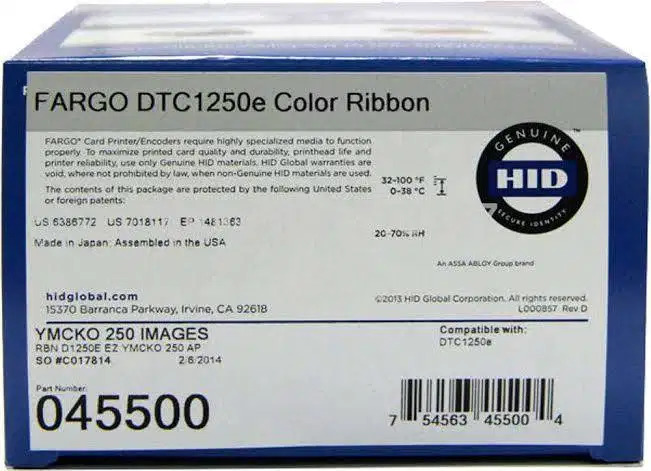 FARGO HID DTC1000 SMARTLOAD COLOR RIBBON 045000 250 PRINTS YMCKO 1- SDK included