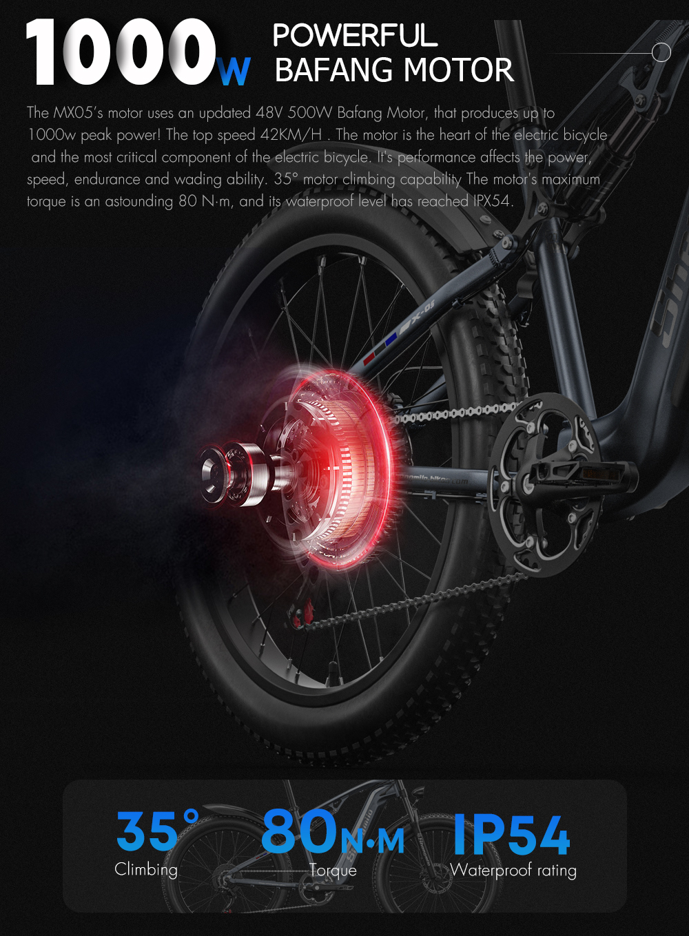 48V 500W Bafang Peak Electric Fat Tire Bike 1000W Full Suspension Mountain Ebike