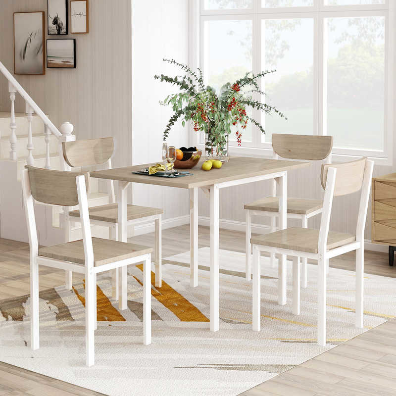 5pcs Metal Dining Room Table And Chair Set With 1 Drop Leaf Dining Table 29.23lbs