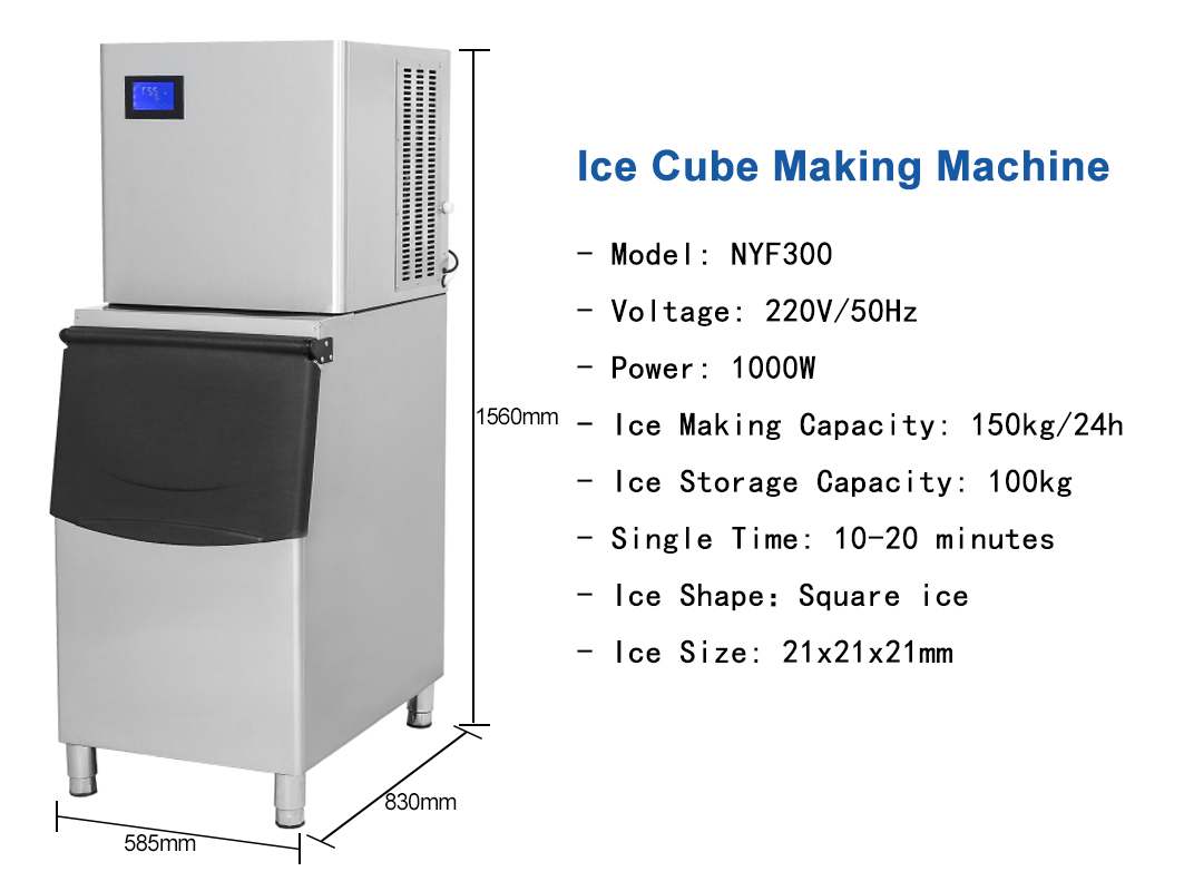 150kg/24h High Capacity Fast Making Stainless Steel Commercial Ice Cube Maker Machine 1000w Power Touchpad Control Panel