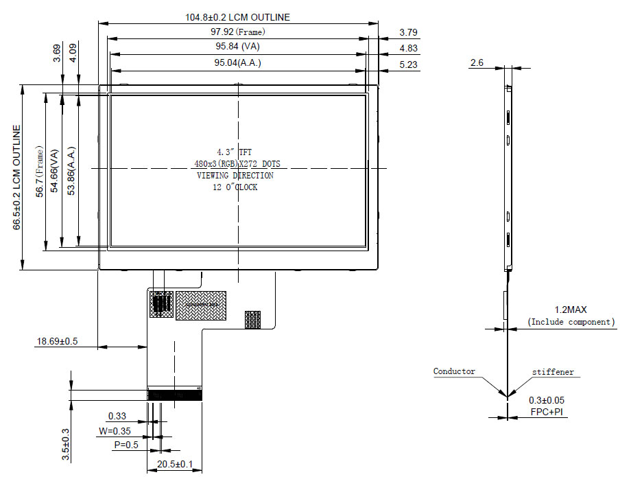 4.3 inch 480*272 TN LCD 40PIN 24bit RGB ST7282 touch (TFT LCD for industrial, home appliances, toys, medical)