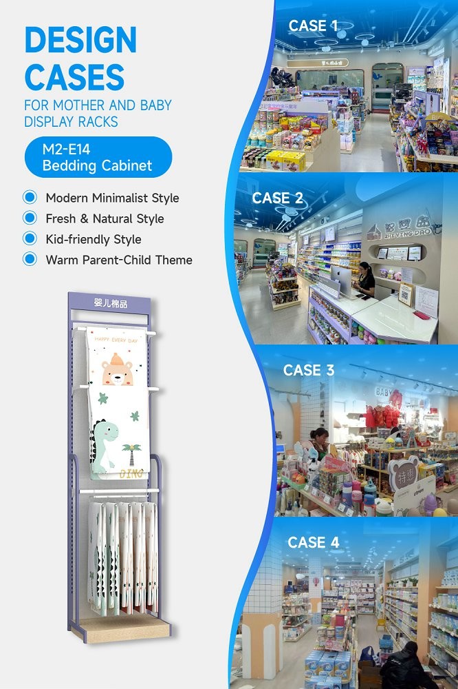 M2-E14 Maternity And Baby Store Bedding Cabinet with White Spray Side Hangers and Adjustable Shelves