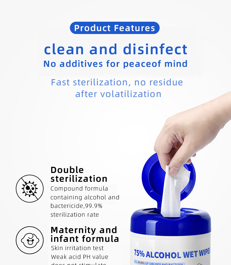 Disposable Antibacterial Wipes 75 Alcohol 100pcs/Bottle OEM