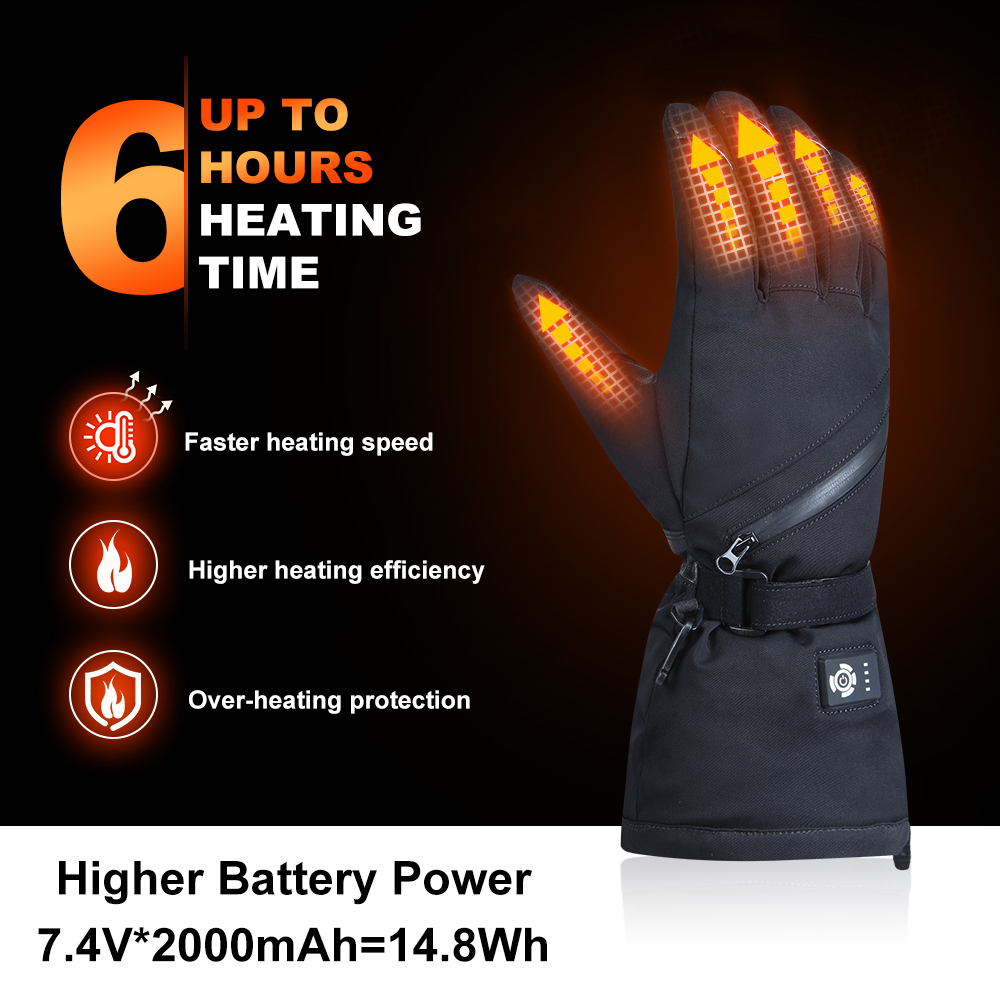7.4V Battery Rechargeable Heated Gloves Black Winter Snow Proof