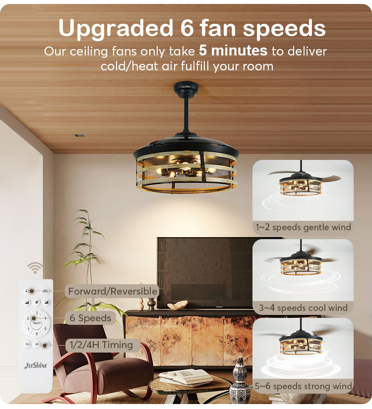 52 inches Big Airflow Retractable Ceiling Fan with Hidden Blades and Memory Function