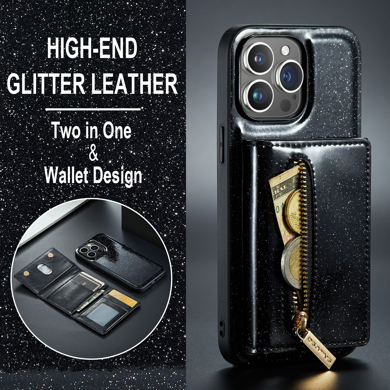 For IPhone15 Pro Max Flash Wallet Protector PU Mobile Cover IP14 Pro 2 in 1 Magnetic Cell Phone case