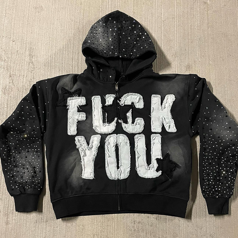 Customizable Distressed Applique Embroidery Hoodie Rhinestone Zip Hoodie O Neck